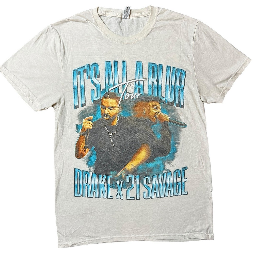 Drake 21 Savage Its All A Blur Tour T-Shirt Cream Small Fruit of the Loom Iconic